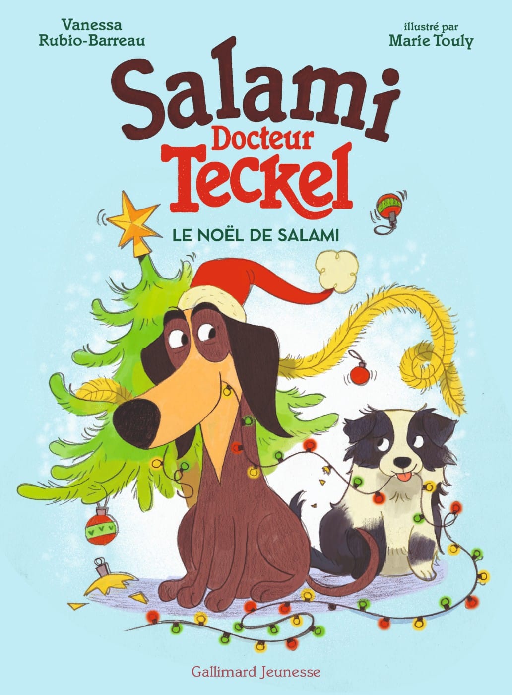 Couverture Salami docteur Teckel T5 Le Noël de Salami Rubio-Barreau Touly Gallimard Jeunesse